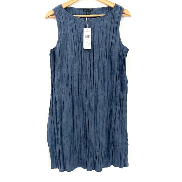 Eileen Fisher Crinkle Silk Habutai Bateau Neck Long tunic Top blue lagenlook M - Picture 1 of 14